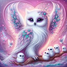 a painting of an owl with her babies on a branch in front of a heart