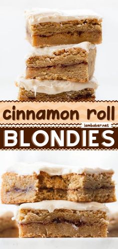 cinnamon roll blondies stacked on top of each other