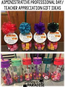 teacher appreciation gift idea for teachers with colorful candies in glass jars and ribbons on them