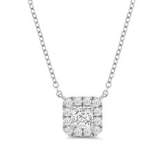 If you need a diamond necklace with a more feminine vibe, this is the one. This white gold necklace features a princess-cut diamond framed by a rounded square halo of round diamonds. Count on this piece to add a little pop of twinkly chic to your looks. Formal White Gold Diamond Necklace With Square Pendant, Formal Diamond Necklace With Square Pendant, Formal Square Pendant Diamond Necklace With Accents, Formal Diamond White Square Pendant Necklace, Princess Cut Diamond Necklace In Fine Jewelry Style, Princess Cut Diamond Necklace With Diamond Cut, White Gold Diamond Necklace With Princess Cut, Formal Necklace With Princess Cut Diamond Accents, White Gold Princess Cut Halo Jewelry