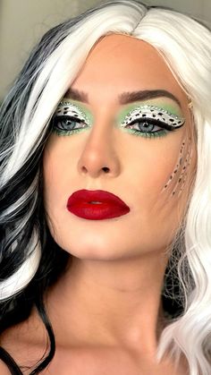 Fun Halloween costume idea Cruella Costume Makeup, Diy Cruella Deville Makeup, Disney Villan Makeup Looks, Creepy Cruella Deville Makeup, Scary Cruella Deville Makeup, Plus Size Cruella Deville Costume, Cruella Eye Makeup, Cruella Deville Trunk Or Treat, French Costume Ideas Women