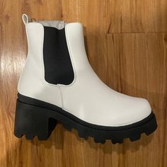 Elastic Band Bootie With Chunky Sole In Black White Synthetic Ankle-high Boots, White Synthetic Boots With Round Toe, White Ankle-high Boots With Cushioned Footbed, White Synthetic Boots With Flat Heel, White Synthetic Flat Heel Boots, White Boots With Padded Ankle And Round Toe, Casual White Faux Leather Boots, Wild Diva Shoes, Boots Black