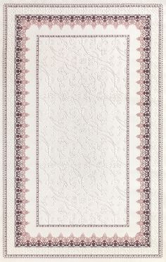 a white and pink rug with an intricate design on the bottom, in front of a white background