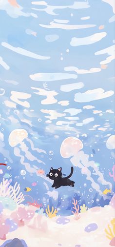 an underwater scene with a black cat swimming in the water