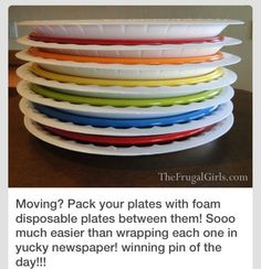 a stack of plates with the words moving? pack your plates with foam