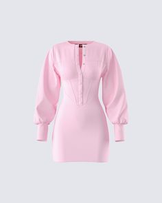 Respectfully boss them around in this pink mini dress 😌 With a bodycon fit, boning at the torso, and seven front buttons, this dress made from comfort stretch fabric will have them following all your orders 💕 Luxury Pink Long Sleeve Mini Dress, Luxury Pink Dress With Buttons, Pink Dress Long Sleeve, Pink And Green Dress, Soft Pink Dress, Kids Outfits Daughters, Pink Long Sleeve Dress, Strapless Ruffle Dress, Pink Dress Casual