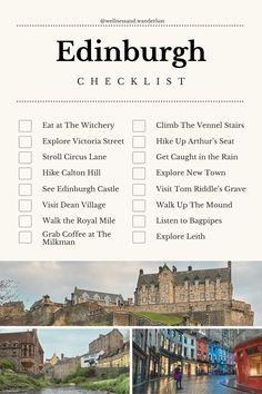 the edinburgh checklist is shown with pictures of buildings and people walking around in it