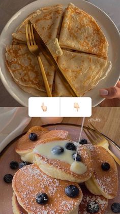 pancakes with blueberries and butter on top are being served in front of the camera