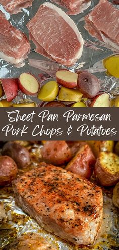 sheet pan parmesan pork chops and potatoes with text overlay that reads sheet pan parmesan pork chops and potatoes