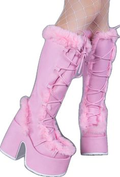 CAMEL-311 Pastel Pink Fluffy Boots-Demonia-Tragic Beautiful Trendy Pink Winter Boots, Pink Platform Boots For Winter, Pink Fitted Winter Boots, Fitted Pink Winter Boots, Faux Fur Platform Boots With Round Toe, Faux Fur Lined Platform Boots With Round Toe, Faux Fur Lined Round Toe Platform Boots, Pink Round Toe Boots For Winter, Winter Faux Fur Platform Boots With Round Toe