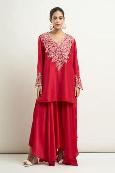 Red short kurta with floral and paisley embroidery. Comes with asymmetric cut flared palazzo and embroidered dupatta. - Aza Fashions Elegant Red Palazzo Set With Intricate Embroidery, Red Chikankari Embroidery Sharara For Reception, Red Silk Floral Embroidery Set, Red Kurta With Floral Embroidery For Transitional Season, Red Floral Embroidered Kurta For Transitional Season, Red Traditional Wear With Floral Embroidery For Transitional Season, Red Floral Embroidery Kurta For Transitional Season, Transitional Red Traditional Wear With Floral Embroidery, Red Silk Salwar Kameez With Floral Embroidery