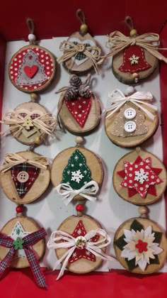 a box filled with wooden ornaments on top of a table