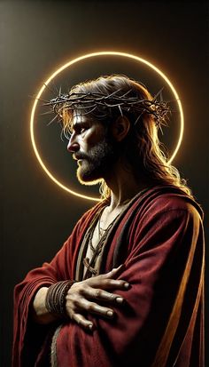 a man with his arms crossed and wearing a crown of jesus on his head, standing in front of a circular light