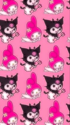 pink and black cartoon characters on a pink background