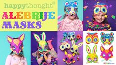 children wearing colorful masks with the words happy thought alerbie masks written below them