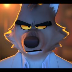 an animated image of a wolf with yellow eyes and big ears, wearing a white shirt