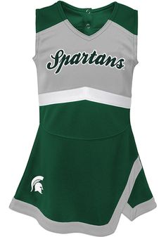 Get your future MSU fan excited to show their spirit in this Michigan State Spartans Toddler Girls Green Cheer Sets! Give them something to cheer about with this Cheer Sets, which features a self applique and embroidery team graphic. Girl Captain, Cheer Dress, Cheer Captain, Cheer Uniforms, Cheer Outfits, Dallas Cowboys Cheerleaders, Michigan State Spartans, Trending Haircuts, Themed Outfits