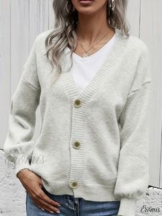 Eromis - Premium Womens Clothing: Long Sleeve Button Down Cardigan with a V-Neck Design Casual V-neck Sweater With Button Cuffs, Spring V-neck Sweater With Button Closure, Solid Color V-neck Cardigan For Layering, White V-neck Cardigan With Buttons, Casual V-neck Sweater With Buttons For Layering, White V-neck Cardigan With Button Closure, Fall V-neck Cardigan With Buttons, V-neck Sweater With Button Closure For Layering, Button-up V-neck Sweater For Fall