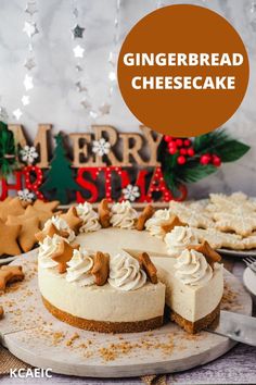 Taking a slice of no bake gingerbread cheesecake, on a festive dessert table with Christmas desserts and decorations. Christmas Baking Cheesecake, Holiday Cheesecakes Christmas, Gingerbread Crust Cheesecake, Easy Gingerbread Cheesecake, Gingerbread No Bake Cheesecake, Easy Holiday Cheesecake, Gingerbread Cheesecake Recipes, Holiday Cheesecake Recipes Christmas, No Bake Gingerbread Cheesecake