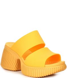 Open Heel Synthetic Wedge Sandals With Rubber Sole, Synthetic Wedge Sandals With Open Heel And Rubber Sole, Yellow Eva Sandals With Round Toe, Yellow Open Toe Synthetic Slides, Yellow Slide Sandals In Synthetic Material, Spring Block Heel Sandals With Rubber Sole, Yellow Open Toe Slides With Rubber Sole, Yellow Eva Sandals For Spring, Yellow Open Heel Synthetic Sandals