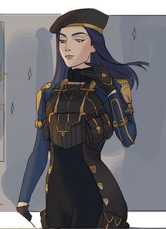 a woman with blue hair wearing a black and gold outfit standing in front of a wall