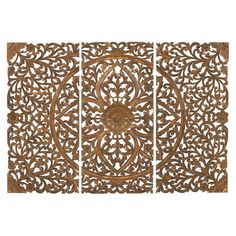 an intricately carved wooden panel is shown in three different sizes and shapes, including the center