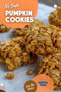 no bake pumpkin cookies are stacked on top of each other with text overlay