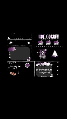 the menu for hot cocoa is shown in purple