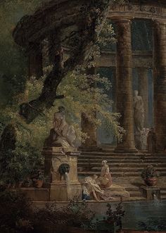 a painting of people sitting on steps in front of a building with columns and statues