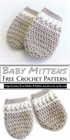 two crocheted baby mittens are shown with the text, free crochet pattern