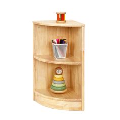 a wooden shelf with three shelves on top of it and a toy in the corner