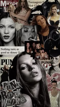 a collage of photos with women's faces and words on them, all in black and white