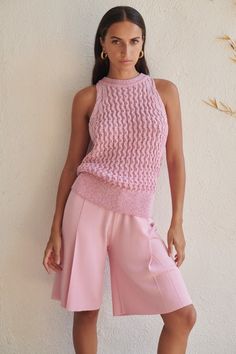 Sita Murt - Knitted Bermuda: Pink - Shorely Chic Boutique Bermuda Pink, Pink Halter Top, Jean Romper, Knitwear Fashion, Long Sleeve Short Dress, The Mediterranean, Dress Trousers, Cardigan Jacket, Handbags On Sale