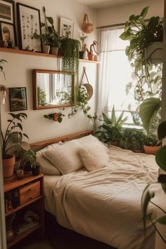 a bedroom with lots of plants on the wall