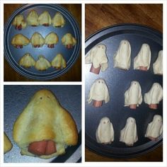 there are several pictures of pastries in the shape of dogs and puppies on pans