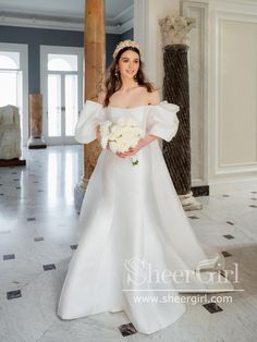 Princess Wedding Dress with Puff Short Sleeves Ball Gown Satin Bridal Dress AWD1844-SheerGirl Villa Astor, Puff Sleeve Wedding Dress, Chapel Train Wedding Dress, Wedding Dress Train, Princess Wedding Dress, Satin Wedding Dress, Satin Color, Princess Wedding, Monique Lhuillier