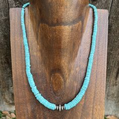 This Beautiful Necklace Features Genuine Turquoise Stones And Sterling Silver Beads In A Traditional Southwestern Style. The 18 Inch Length Makes It The Perfect Statement Piece To Add To Your Jewelry Collection. The Blue Color Is Perfect For Any Occasion, And The Beaded Design Gives It A Unique And Bohemian Feel. This Necklace Is Sure To Turn Heads And Add A Pop Of Color To Any Outfit. Artisan Hand-strung Turquoise Necklace With Round Beads, Hand-strung Turquoise Necklace With Sterling Silver Round Beads, Nickel-free Blue Turquoise Necklace With Round Beads, Southwestern Adjustable Hand-strung Turquoise Necklace, Heishi Necklace, Blue Nickel-free Southwestern Turquoise Necklace, Turquoise Stones, Heishi Beads, Southwestern Style