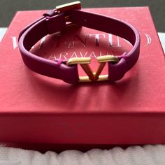 New, Never Worn, Valentino Fuschia Leather Bracelet With Gold “V” Luxury Pink Bracelets, Designer Adjustable Leather Bracelet, Designer Formal Bracelets With Logo Charm, Designer Adjustable Pink Bracelets, Designer Pink Adjustable Bracelets, Designer Adjustable Pink Bracelet, Designer Leather Jewelry For Gift, Designer Leather Jewelry As A Gift, Luxury Leather Jewelry For Party