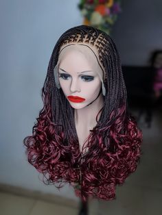 Knotless Braid Wig, Box Braid Wig, Braided Wigs, Braids Wig, Small Sized Box Braids, Braid Wig For Black Women, Wig For Black Women, Lace Wig, Burgundy  TO SEE OTHER STYLES AND COLORS OF BRAIDED WIGS AND AFRICAN BRIDAL ACCESSORIES LIKE HEADWRAPS AND HAND FANS, VISIT OUR SHOP HERE: https://sereneafrica.etsy.com/ At SereneAfrica, we are committed to using quality and long-lasting materials. *Features*   * knotless braids are made on a front lace human hair. *It gives you a natural look which makes Wigs Braids, Knotless Braid, Braid Wig, Wig For Black Women, Box Braid Wig, Braided Wigs, Box Braid, African Braids, Braids Wig