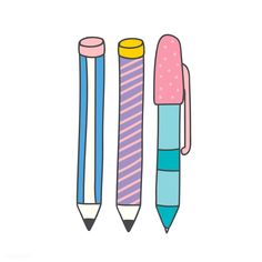 three pencils with different colors and shapes