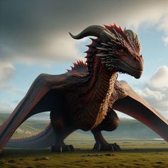 a large red and black dragon standing on top of a lush green field under a cloudy sky