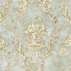 an ornate wallpaper with flowers and chains on it's sides, in light blue