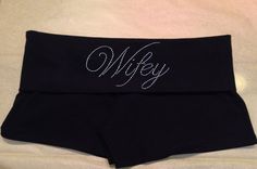 "This listing is for customized Black Fold Over Short Shorts with custom \"Wifey\" rhinestones.    These shorts are available in black, pink, charcoal and white. Please specify which you prefer :)  I also offer  Wifey in clear, pink or blue Bride in clear, pink or blue and clear bold font Bride to Be Maid of Honor  Matron of Honor Jr. Bridesmaid Flower Girl Just Married in clear and clear with pink Bridesmaid in clear or blue Brides Entourage  The inseam of these shorts is 2\" They are 95% cotton and 5% spandex.  The rhinestones are clear and placed on the fold over portion on the back of the shorts.    Great item for a the bride to get ready in or a gift for the wedding shower.  If you are interested in purchasing more than one please contact us and we will get sizes and send you an invoi Rhinestone Shorts, Blue Bride, Short Blanc, Cute Lazy Outfits, Custom Bridal, Cute Everyday Outfits, Mini Shorts, Short Shorts, Just Married