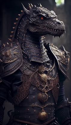 a close up of a dragon wearing armor