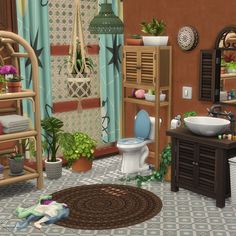 the bathroom is decorated in brown, blue and green colors with potted plants on the floor