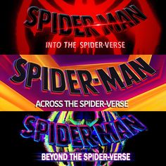 the spider - man movie title sequence is shown in three different colors and font styles