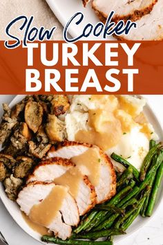 Close up view of turkey and gravy on a white plate. Best Crockpot Turkey Breast Recipe, Crock Pot Turkey Breast, Crockpot Turkey Breast, Crock Pot Turkey, Turkey Breast Crockpot, Turkey Crockpot Recipes, Cooking Turkey Breast, Slow Cooker Turkey Breast, Crockpot Turkey