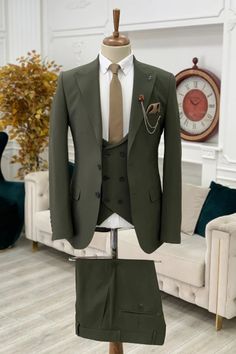 Allaboutchic also accepts custom measurement. So if you want the suit with your own size, please contact us. Color: Dark Green Button: Single Breasted Occasion: Prom, Wedding, Business Neckline: Peaked Lapel Material: Polyester & Polyester Blend Pattern: Solid Piece: 3 Piece Pocket: With Flap Best Groom Suits, Slim Fit Groom Suit, Green Suit Men, Olive Green Suit, Green Wedding Suit, Pants Gift, Wedding Suits Groom, Groomsmen Suits, Prom Suits