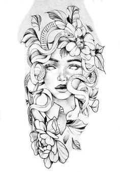 a drawing of a woman's face with flowers in her hair and snake around her neck