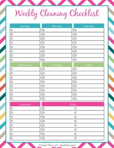 a printable weekly cleaning checklist with colorful stripes and pink, blue, green, orange